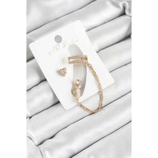 Pirinç Üçgen Figürlü Zirkon Taşlı Gold Renk 3'lü Kıkırdak Kadın Küpe Set - TJ-BKP10667
