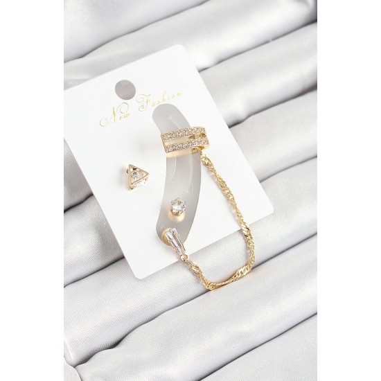 Pirinç Üçgen Figürlü Zirkon Taşlı Gold Renk 3'lü Kıkırdak Kadın Küpe Set - TJ-BKP10668