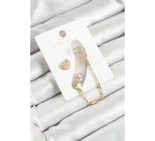 Pirinç Kalp Figürlü Zirkon Taşlı Gold Renk 3'lü Kıkırdak Kadın Küpe Set - TJ-BKP10669