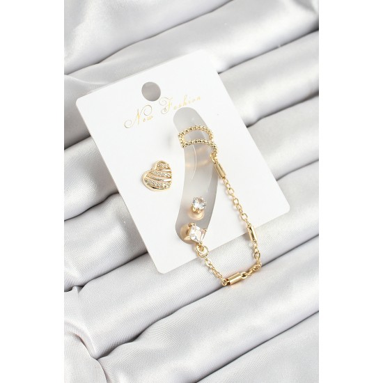 Pirinç Kalp Figürlü Zirkon Taşlı Gold Renk 3'lü Kıkırdak Kadın Küpe Set - TJ-BKP10669