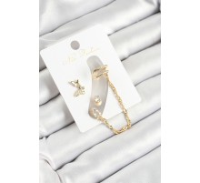 Pirinç Kelebek Figürlü Zirkon Taşlı Gold Renk 3'lü Kıkırdak Kadın Küpe Set - TJ-BKP10670
