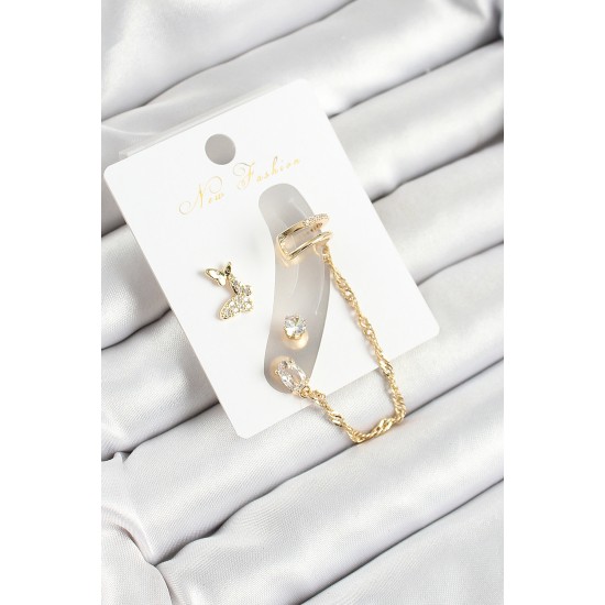 Pirinç Kelebek Figürlü Zirkon Taşlı Gold Renk 3'lü Kıkırdak Kadın Küpe Set - TJ-BKP10670