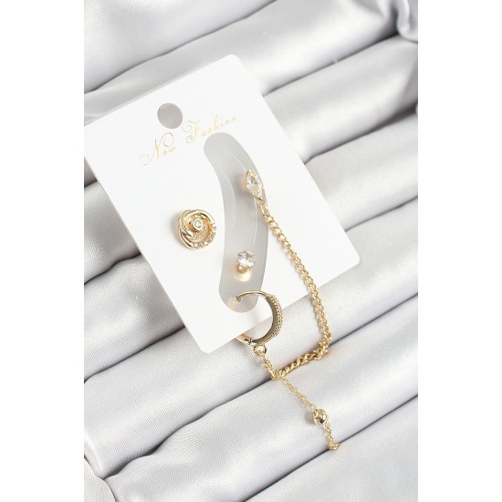 Pirinç Halka Figürlü Zirkon Taşlı Gold Renk 3'lü Kıkırdak Kadın Küpe Set - TJ-BKP10671