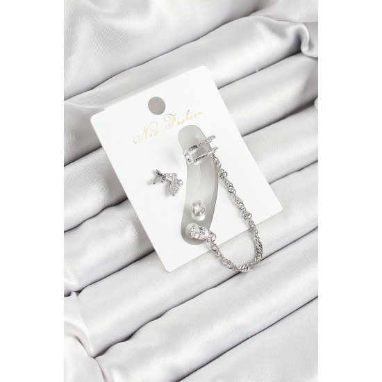 Pirinç Kelebek Figürlü Zirkon Taşlı Gümüş Renk 3'lü Kıkırdak Kadın Küpe Set - TJ-BKP10659