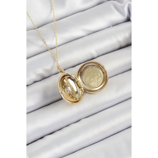 316L Çelik Zincir Açılabilir Madalyon Model Zirkon Taşlı Gold Renk Kadın Kolye - TJ-BKO10240