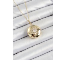 316L Çelik Zincir Açılabilir Madalyon Model Zirkon Taşlı Gold Renk Kadın Kolye - TJ-BKO10240