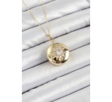 316L Çelik Zincir Açılabilir Madalyon Model Zirkon Taşlı Gold Renk Kadın Kolye - TJ-BKO10240