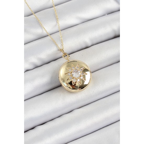 316L Çelik Zincir Açılabilir Madalyon Model Zirkon Taşlı Gold Renk Kadın Kolye - TJ-BKO10240