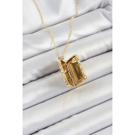 316L Çelk Açılabilir Dikdörtgen Model Zirkon Taşlı Gold Renk Kadın Zincir kolye - TJ-BKO10241