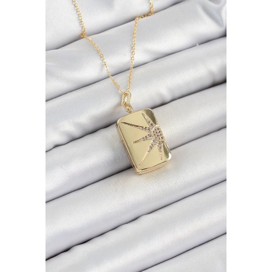316L Çelk Açılabilir Dikdörtgen Model Zirkon Taşlı Gold Renk Kadın Zincir kolye - TJ-BKO10241