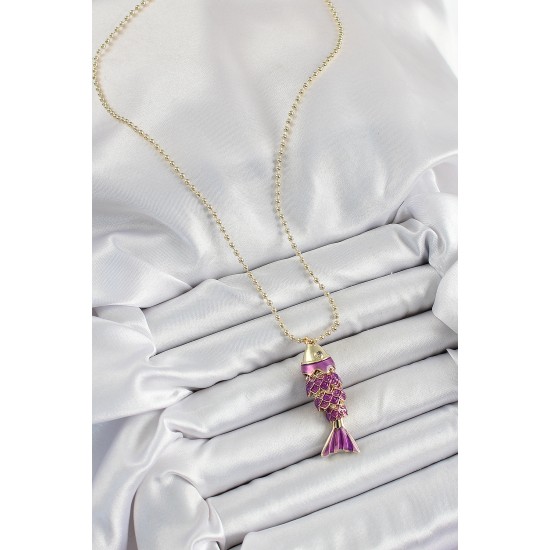 Pirinç Mor Balık Model Zirkon Taşlı Gold Renk Kadın Kolye - TJ-BKO10242