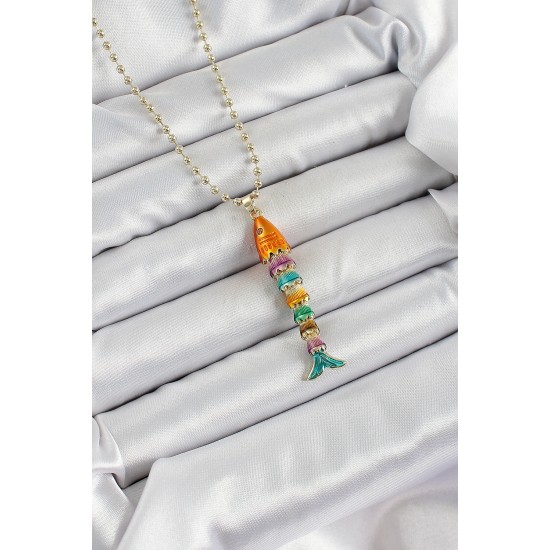 Pirinç Rainbow Balık Model Zirkon Taşlı Gold Renk Kadın Kolye - TJ-BKO10243