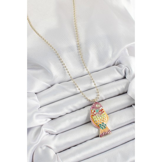 Pirinç Rainbow Balık Model Zirkon Taşlı Gold Renk Kadın Kolye - TJ-BKO10244