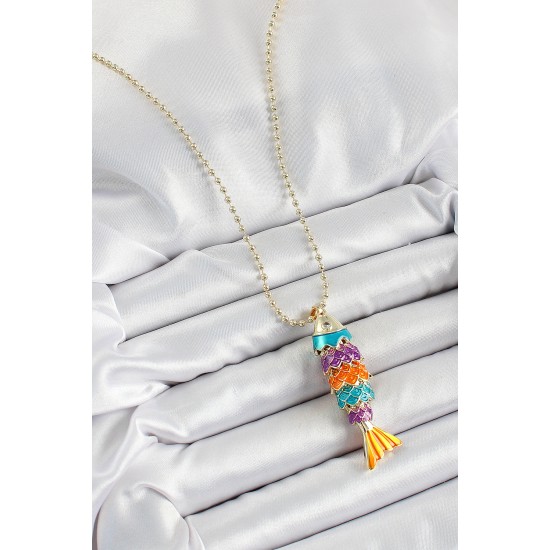 Pirinç Rainbow Balık Model Zirkon Taşlı Gold Renk Kadın Kolye - TJ-BKO10245