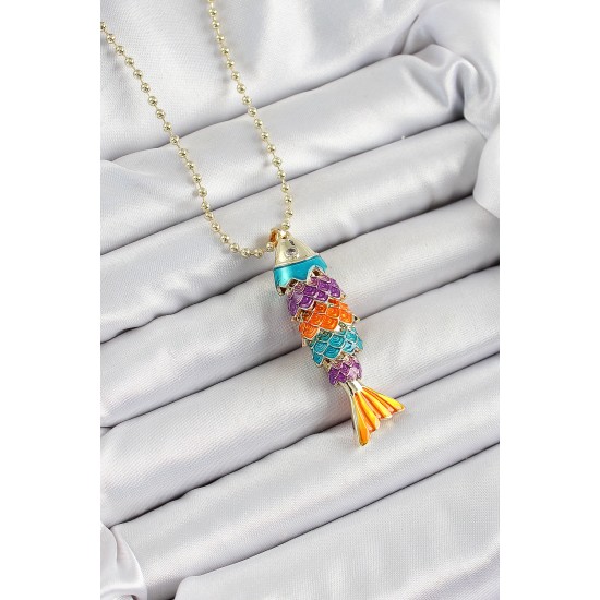 Pirinç Rainbow Balık Model Zirkon Taşlı Gold Renk Kadın Kolye - TJ-BKO10245