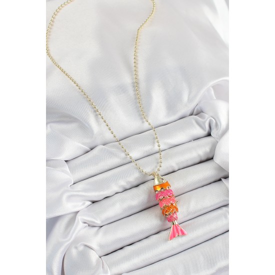 Pirinç Pembe Ve Turuncu Balık Model Zirkon Taşlı Gold Renk Kadın Kolye - TJ-BKO10246