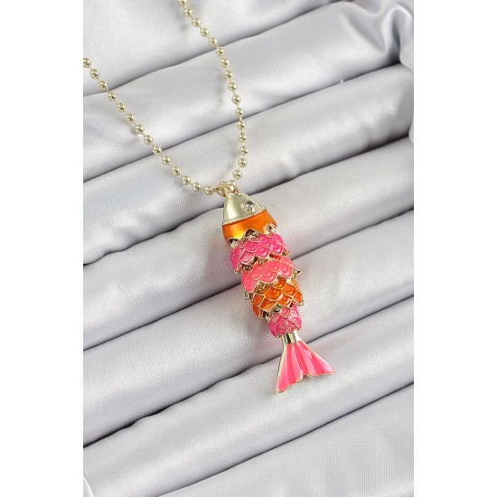 Pirinç Pembe Ve Turuncu Balık Model Zirkon Taşlı Gold Renk Kadın Kolye - TJ-BKO10246