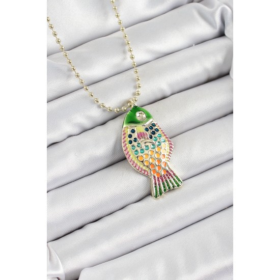 Pirinç Rainbow Balık Model Zirkon Taşlı Gold Renk Kadın Kolye - TJ-BKO10247