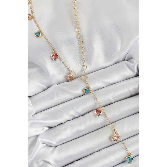 Pirinç Asorti Kalp Model Gold Renk Zirkon Taşlı Y Kolye - TJ-BKO10248