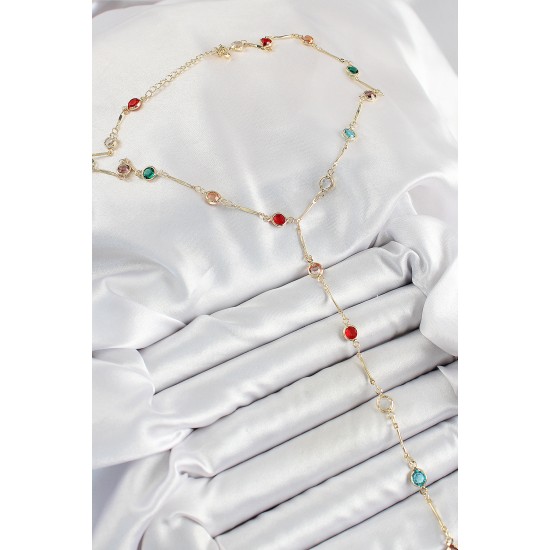 Pirinç Asorti Model Gold Renk Zirkon Taşlı Y Kolye - TJ-BKO10251