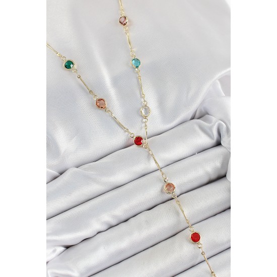 Pirinç Asorti Model Gold Renk Zirkon Taşlı Y Kolye - TJ-BKO10251