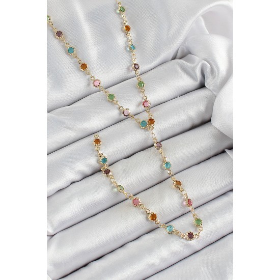 Pirinç Asorti Çiçek Model Gold Renk Zirkon Taşlı Y Kolye - TJ-BKO10252