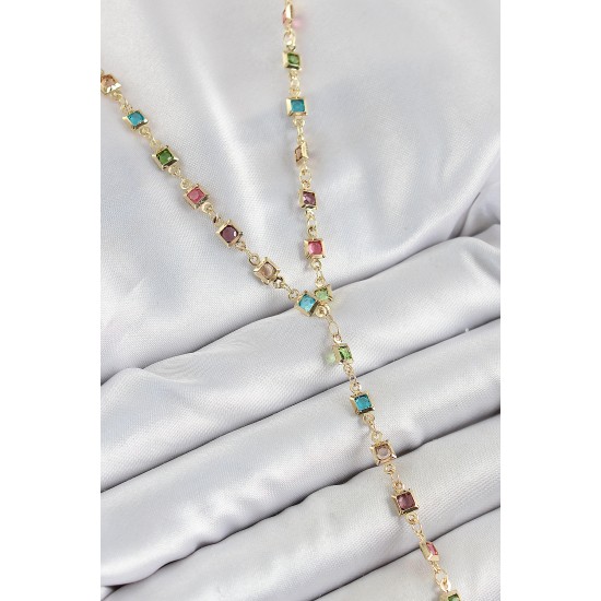 Pirinç Asorti Kare Model Gold Renk Zirkon Taşlı Y Kolye - TJ-BKO10254