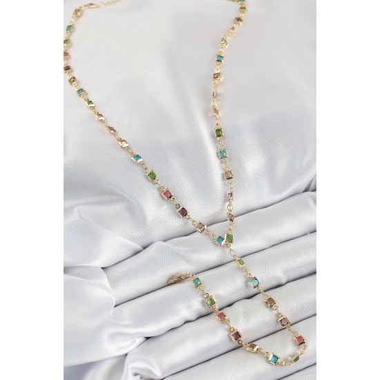 Pirinç Asorti Kare Model Gold Renk Zirkon Taşlı Y Kolye - TJ-BKO10254