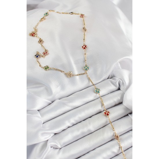 Pirinç Asorti Kalpli Yonca Model Gold Renk Zirkon Taşlı Y Kolye - TJ-BKO10255