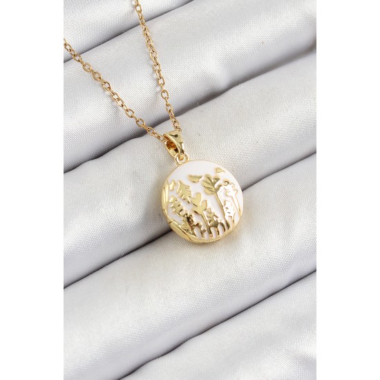 316L Çelik Zincir Açılabilir Sanatsal Vintage Çiçek Model Gold Renk Kadın Kolye - TJ-BKO10259