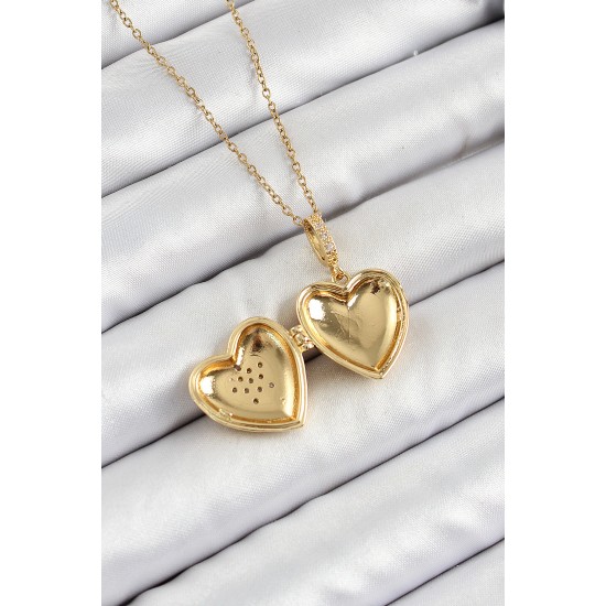 316L Çelik Zincir Açılabilir Yıldız Figürlü Kalp Model Zirkon Taşlı Gold Renk Kadın Kolye - TJ-BKO10261