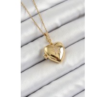 316L Çelik Zincir Açılabilir Yıldız Figürlü Kalp Model Zirkon Taşlı Gold Renk Kadın Kolye - TJ-BKO10261