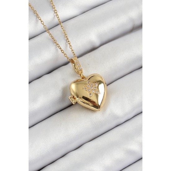 316L Çelik Zincir Açılabilir Yıldız Figürlü Kalp Model Zirkon Taşlı Gold Renk Kadın Kolye - TJ-BKO10261