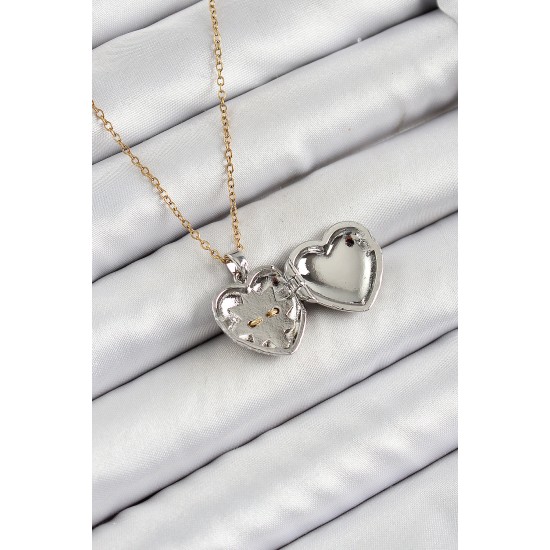 316L Çelik Zincir Açılabilir Kutup Yıldızı Figürlü Kalp Model Zirkon Taşlı Gold Ve Gümüş Renk Kadın Kolye - TJ-BKO10262