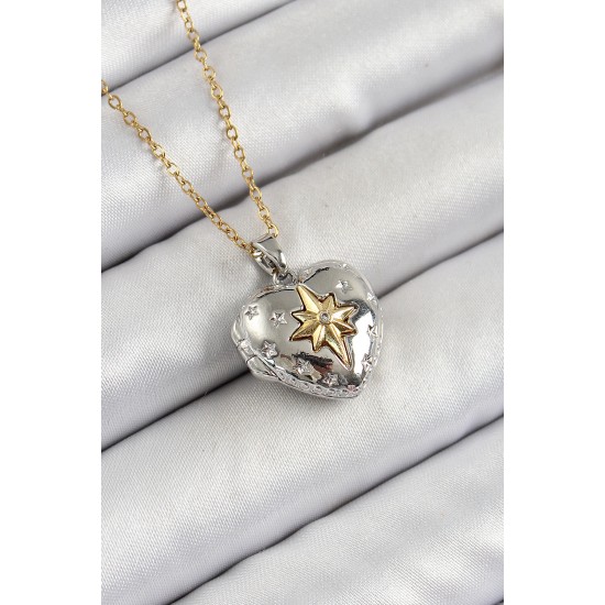 316L Çelik Zincir Açılabilir Kutup Yıldızı Figürlü Kalp Model Zirkon Taşlı Gold Ve Gümüş Renk Kadın Kolye - TJ-BKO10262