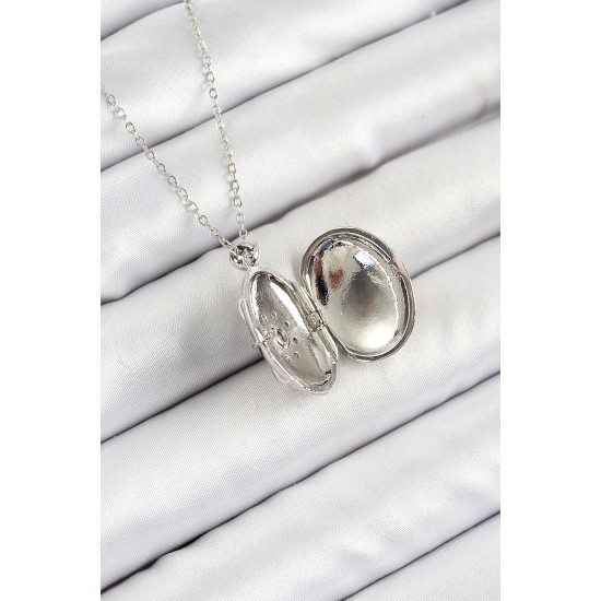 316L Çelik Zincir Açılabilir Madalyon Model Zirkon Taşlı Gümüş Renk Kadın Kolye - TJ-BKO10263