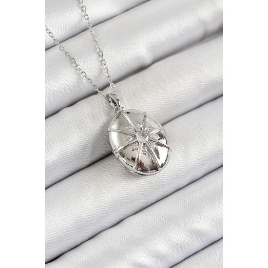 316L Çelik Zincir Açılabilir Madalyon Model Zirkon Taşlı Gümüş Renk Kadın Kolye - TJ-BKO10263