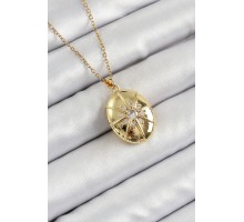 316L Çelik Zincir Açılabilir Madalyon Model Zirkon Taşlı Gold Renk Kadın Kolye - TJ-BKO10264