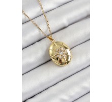 316L Çelik Zincir Açılabilir Madalyon Model Zirkon Taşlı Gold Renk Kadın Kolye - TJ-BKO10264