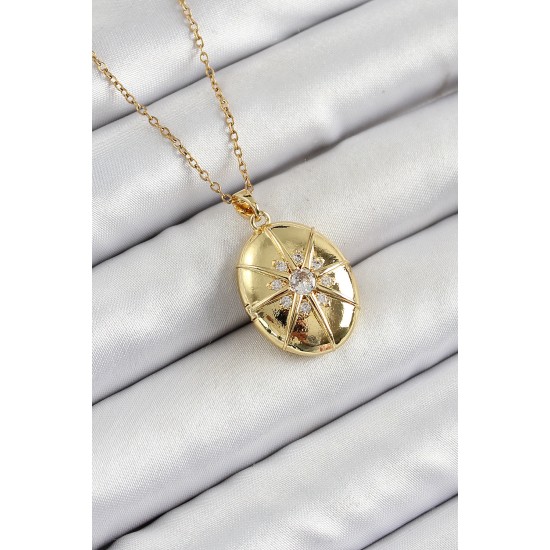 316L Çelik Zincir Açılabilir Madalyon Model Zirkon Taşlı Gold Renk Kadın Kolye - TJ-BKO10264