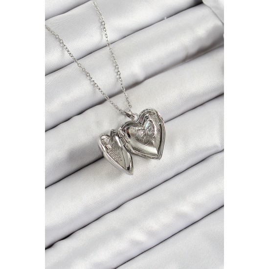 316L Çelik Zincir Açılabilir Kelebek Figürlü Kalp Model Zirkon Taşlı Gümüş Renk Kadın Kolye - TJ-BKO10265