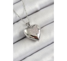 316L Çelik Zincir Açılabilir Kelebek Figürlü Kalp Model Zirkon Taşlı Gümüş Renk Kadın Kolye - TJ-BKO10265