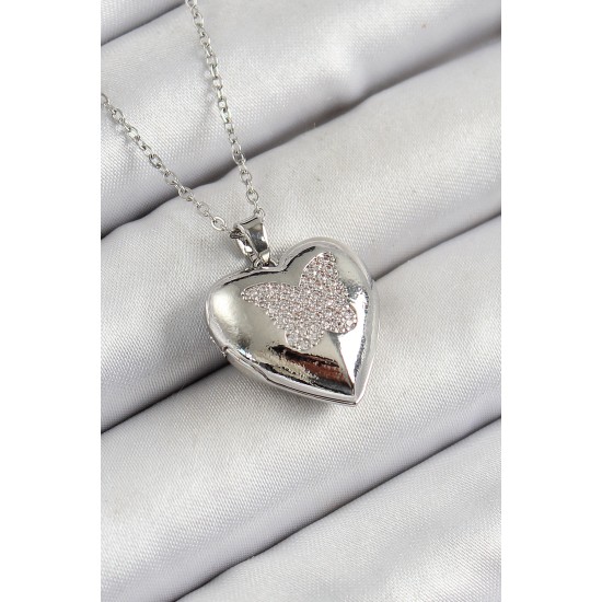 316L Çelik Zincir Açılabilir Kelebek Figürlü Kalp Model Zirkon Taşlı Gümüş Renk Kadın Kolye - TJ-BKO10265