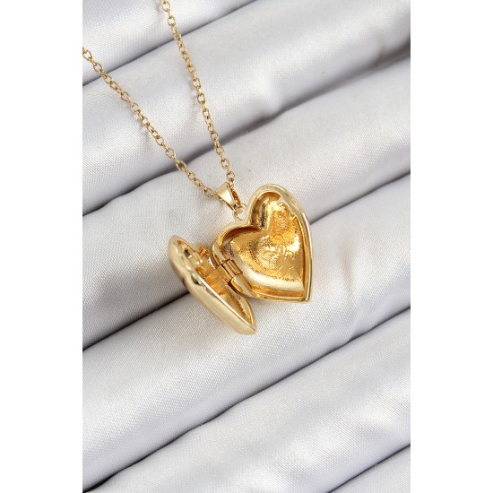 316L Çelik Zincir Açılabilir Kelebek Figürlü Kalp Model Zirkon Taşlı Gold Renk Kadın Kolye - TJ-BKO10266
