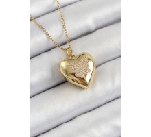 316L Çelik Zincir Açılabilir Kelebek Figürlü Kalp Model Zirkon Taşlı Gold Renk Kadın Kolye - TJ-BKO10266