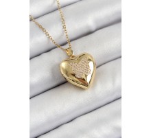 316L Çelik Zincir Açılabilir Kelebek Figürlü Kalp Model Zirkon Taşlı Gold Renk Kadın Kolye - TJ-BKO10266