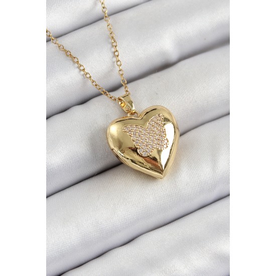 316L Çelik Zincir Açılabilir Kelebek Figürlü Kalp Model Zirkon Taşlı Gold Renk Kadın Kolye - TJ-BKO10266