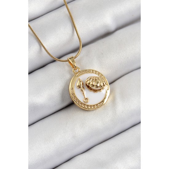 316L Çelik Zincir Beyaz Mineli Sanatsal Portre İstiridye Model Gold Renk Kadın Kolye - TJ-BKO10267