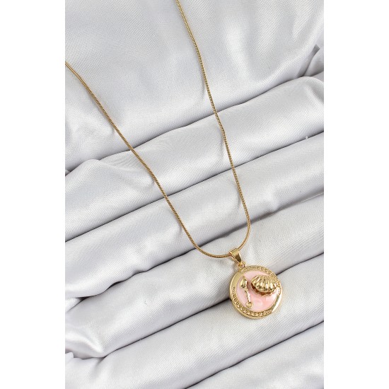 316L Çelik Zincir Pembe Mineli Sanatsal Portre İstiridye Model Gold Renk Kadın Kolye - TJ-BKO10268