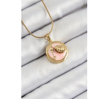 316L Çelik Zincir Pembe Mineli Sanatsal Portre İstiridye Model Gold Renk Kadın Kolye - TJ-BKO10268